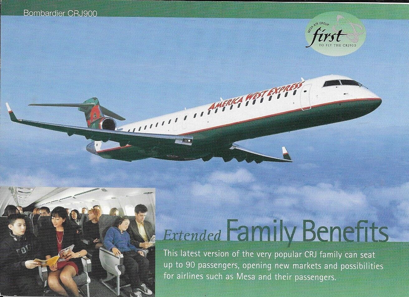 LARGE America West Airlines CRJ900 Data Postcard-Bombardier issued, 6inx4in