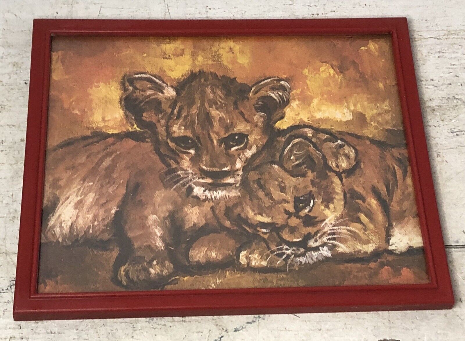 Vintage Retro Mid Century Lion Cubs Litho Print Picture Plastic Red Frame Decor