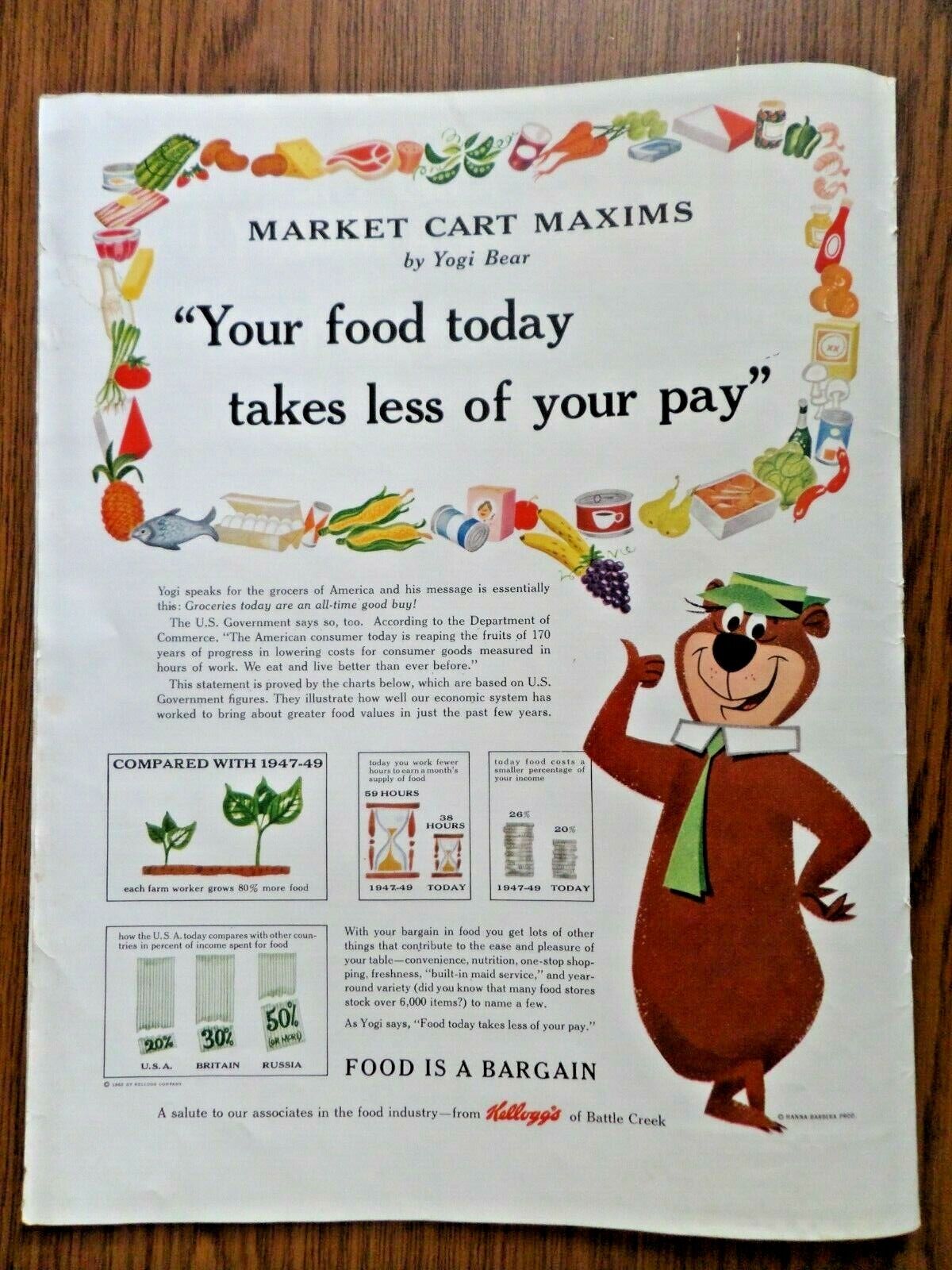 1962 Kellogg's Battle Creek Ad  Market Cart Maxims by Yogi Bear