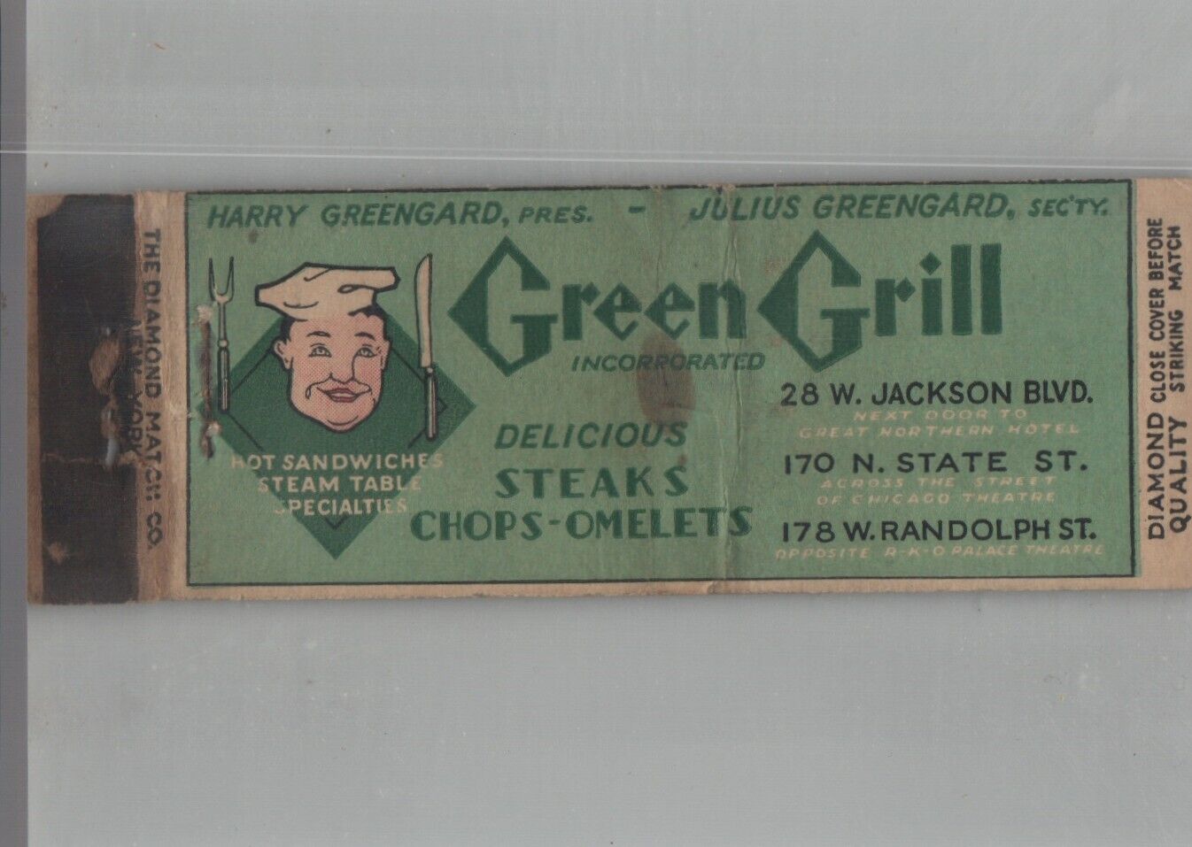 1930s Matchbook Cover Diamond Quality Green Grill Chicago, IL
