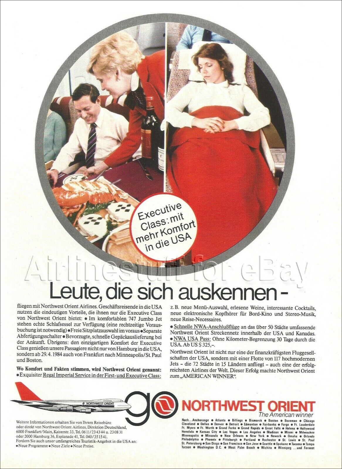 1980s NORTHWEST ORIENT ad BOEING 747 REGAL IMPERIAL SERVICE airlines GERMAN v2