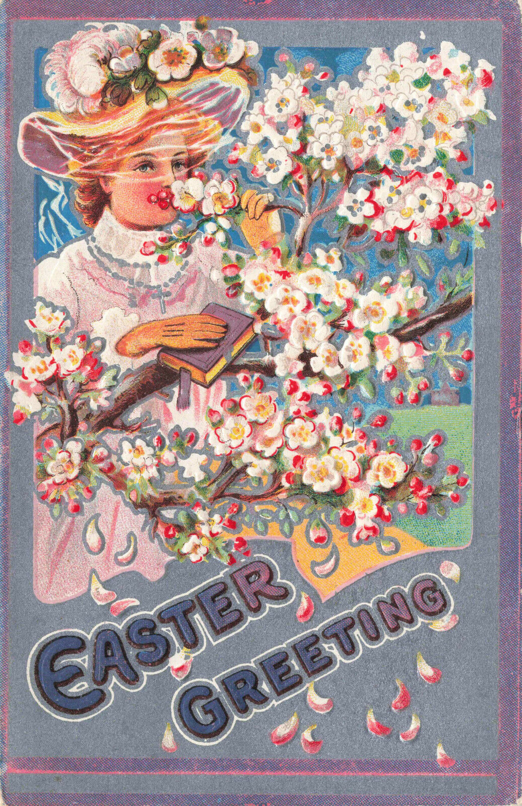 LOVELY VINTAGE EASTER POSTCARD LADY IN HAT WITH FLOWERS 1909 EMBOSSED 021722 R