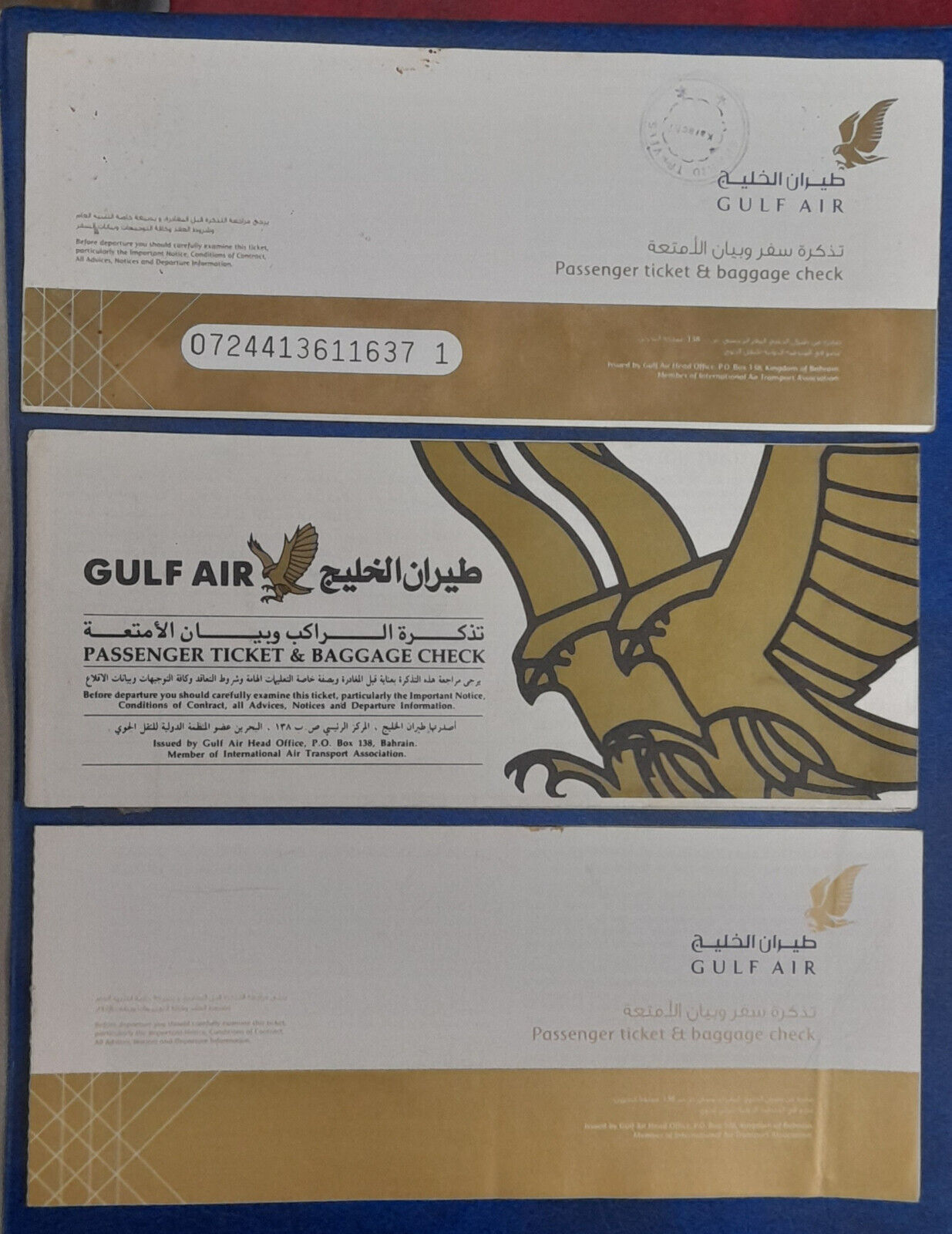 Bahrain gulf air lot of 3 different airlines passenger tickets baggage check