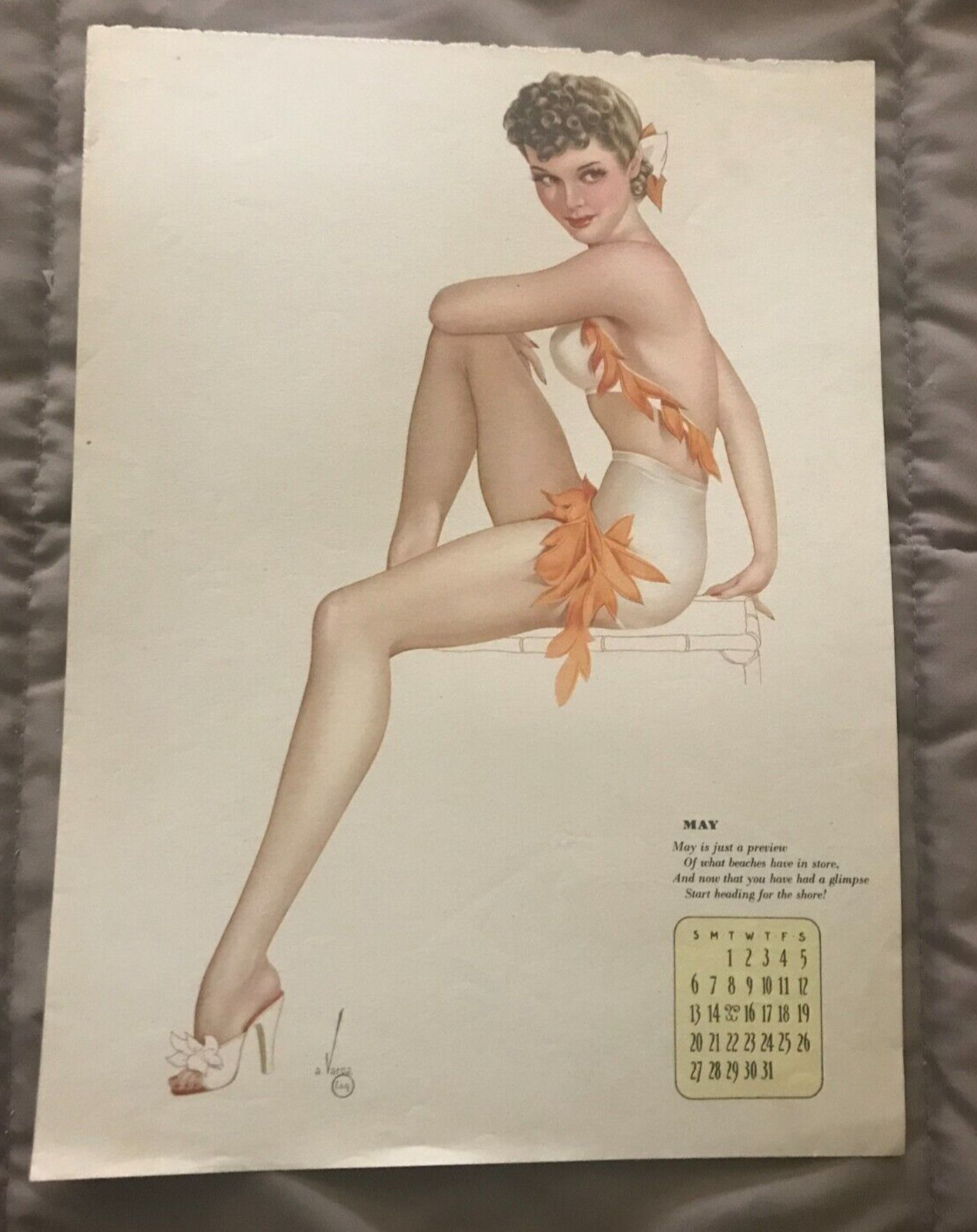 VARGAS VINTAGE May 1945 Esquire Calendar Pinup Sultry Lady in white bathing suit