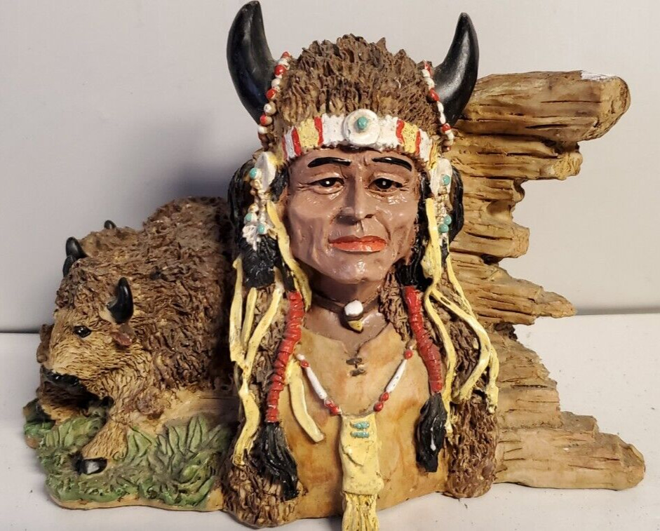 Native American Chief Indian with Buffalo Statue Figure Log Cabin Decor Display