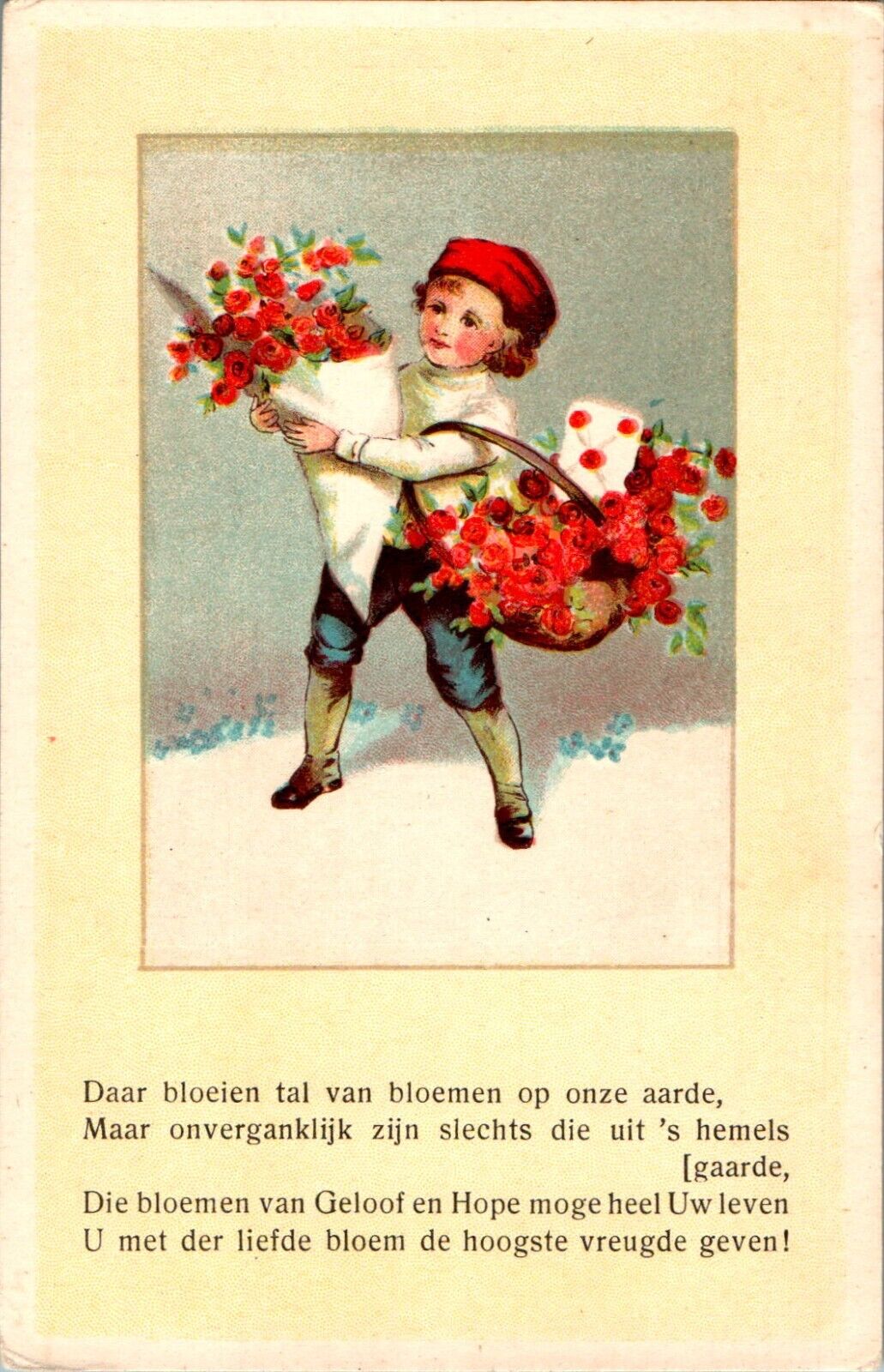 Little Boy with Flowers, Dutch Poem Postcard