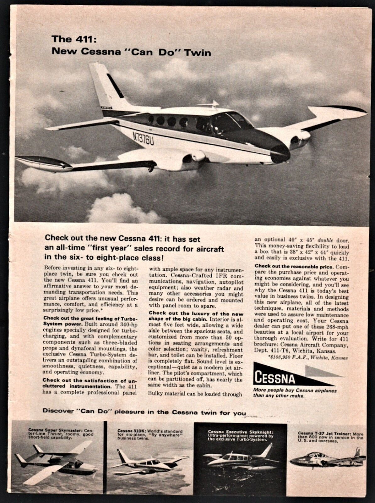 1966 CESSNA 411 Aircraft Vintage Plane Airplane AD Aviation Advertising