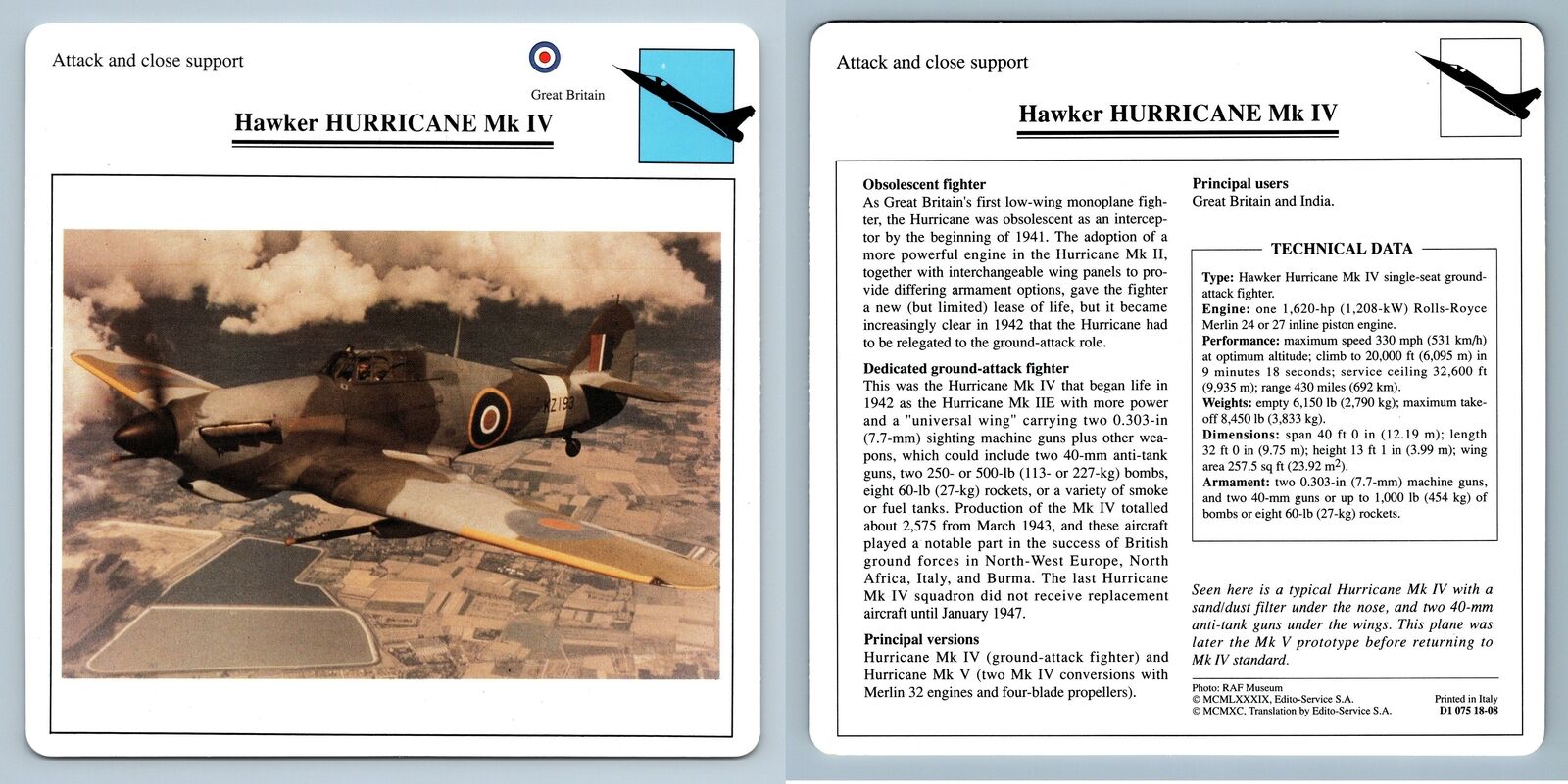 Hawker Hurricane Mk IV - Attack - Warplanes Collectors Club Card