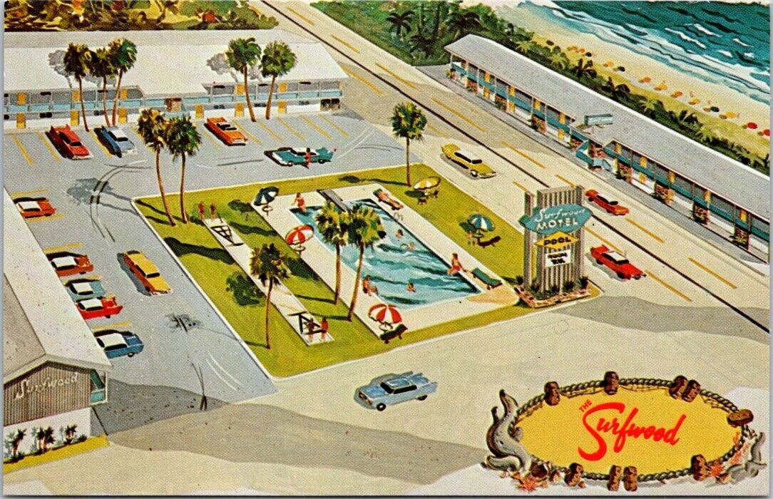 Myrtle Beach SC Surfwood Resort Motel Artist Rendering 1950s Autos postcard IQ7