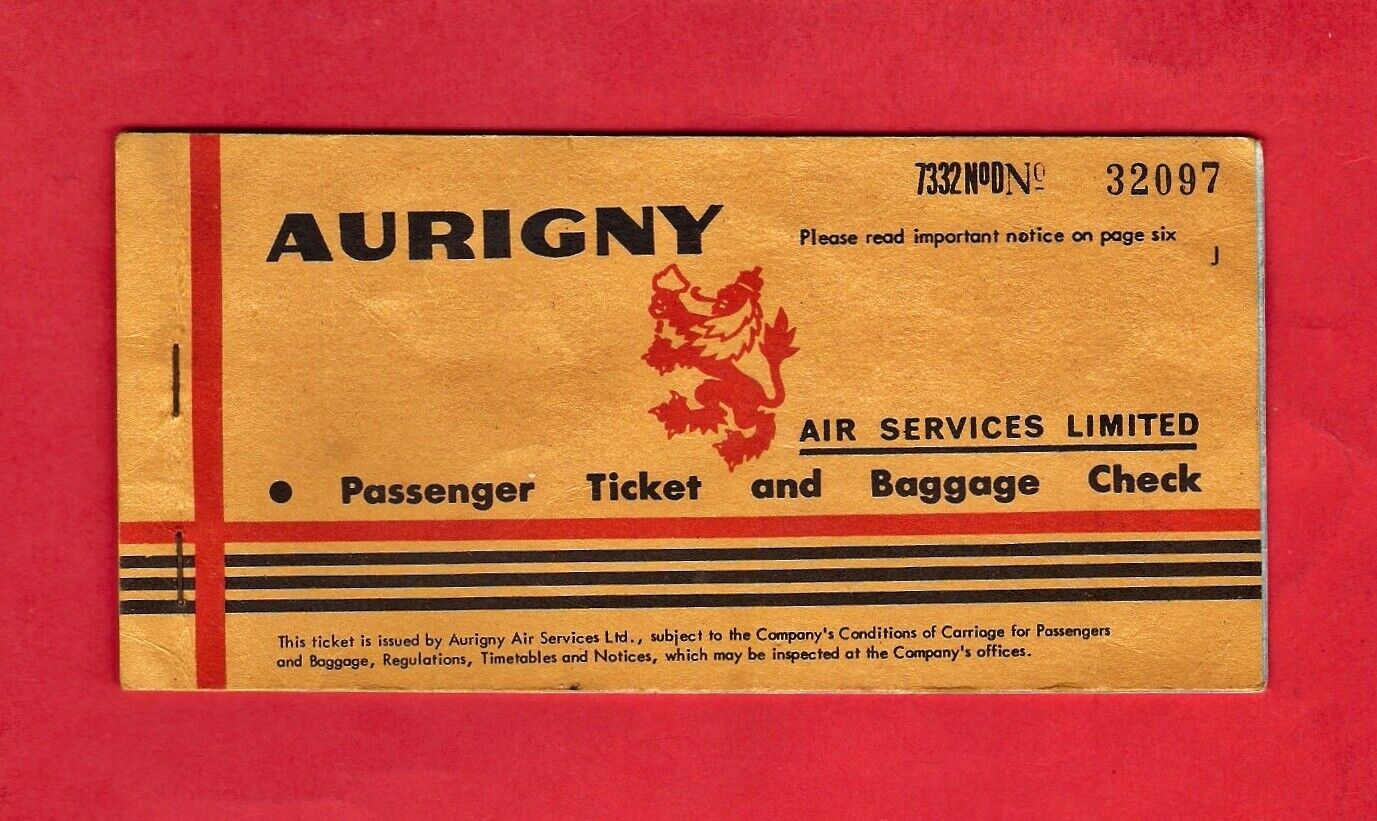Old Airline Ticket ~ Aurigny Air Services - Alderney to Guernsey & Return: 1970s