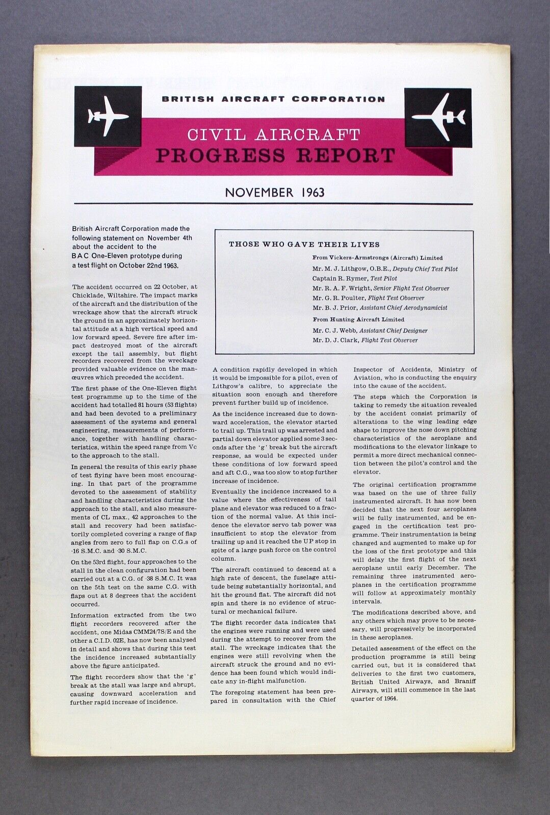 BAC CIVIL AIRCRAFT PROGRESS REPORT NOVEMBER 1963 - ONE ELEVEN - VC10 CUTAWAY 