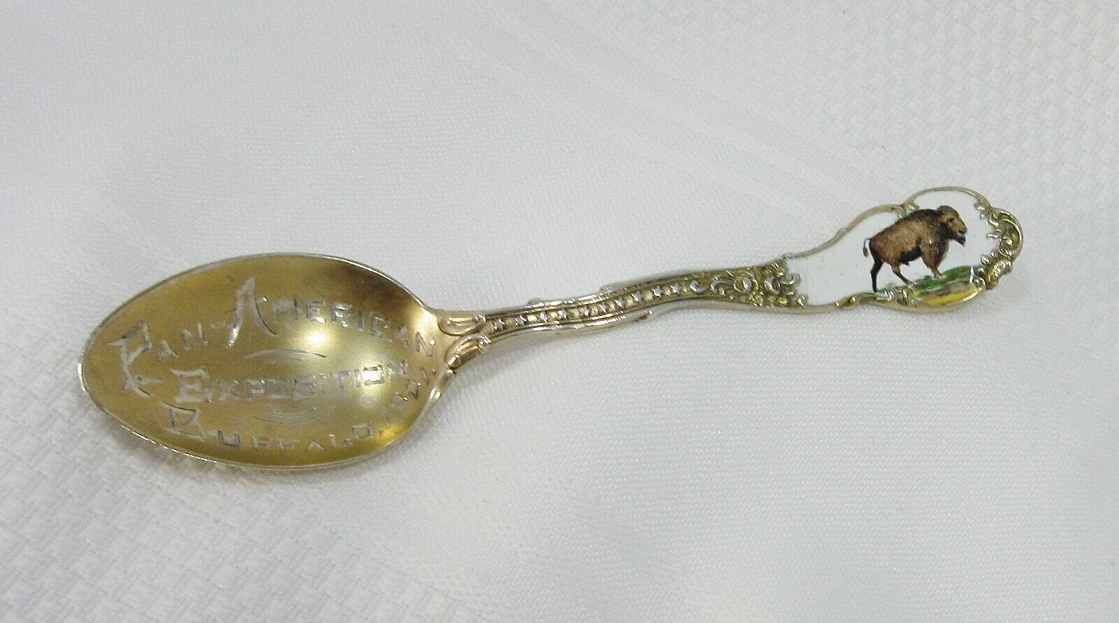 Antique Sterling Demitasse Spoon Pam American Expo 1901 Enamel Buffalo