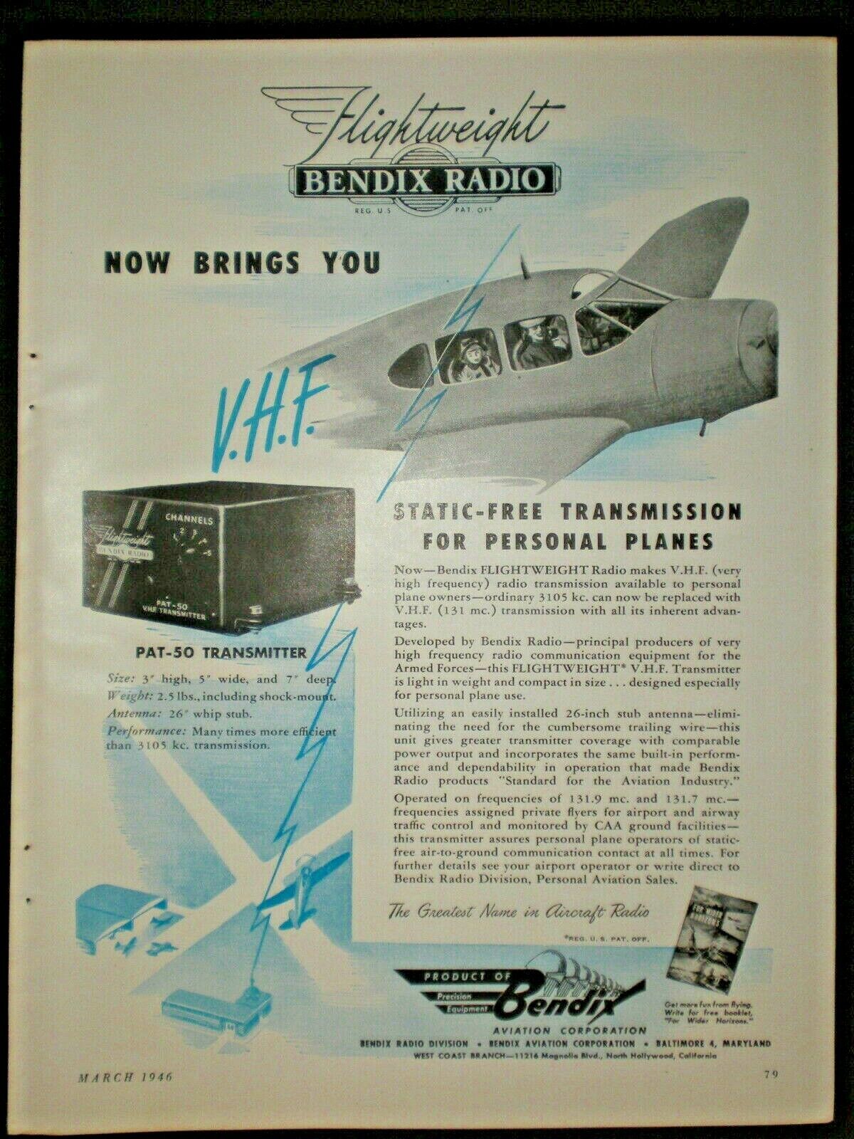 1946 FLIGHTWEIGHT NEW VHF PAT50 TRANSMITTER BENDIX RADIO vintage Trade print ad
