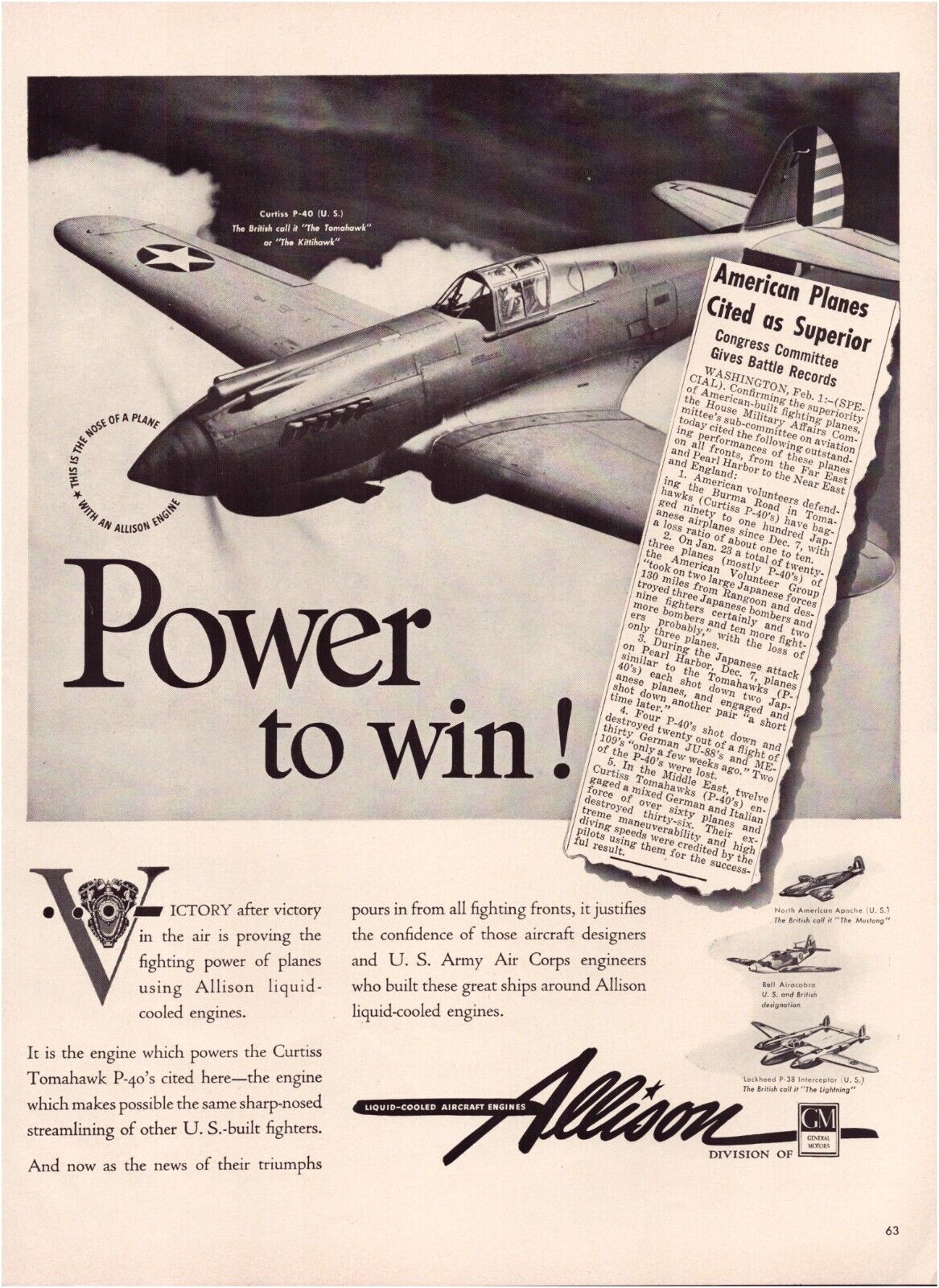 Print Ad Allison Aircraft Plane 1942 WW2 Full Page Large Magazine 10.5\