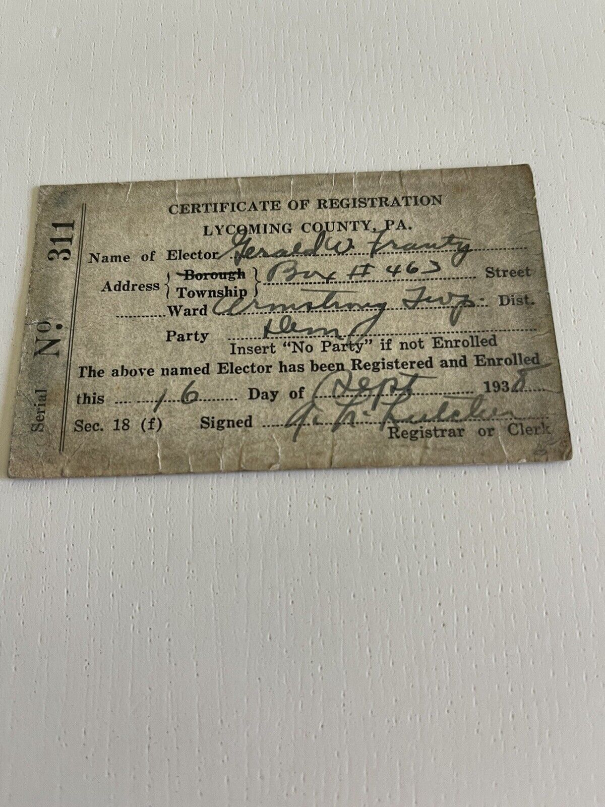 1938 Voter Registration Card Lycoming County, PA 