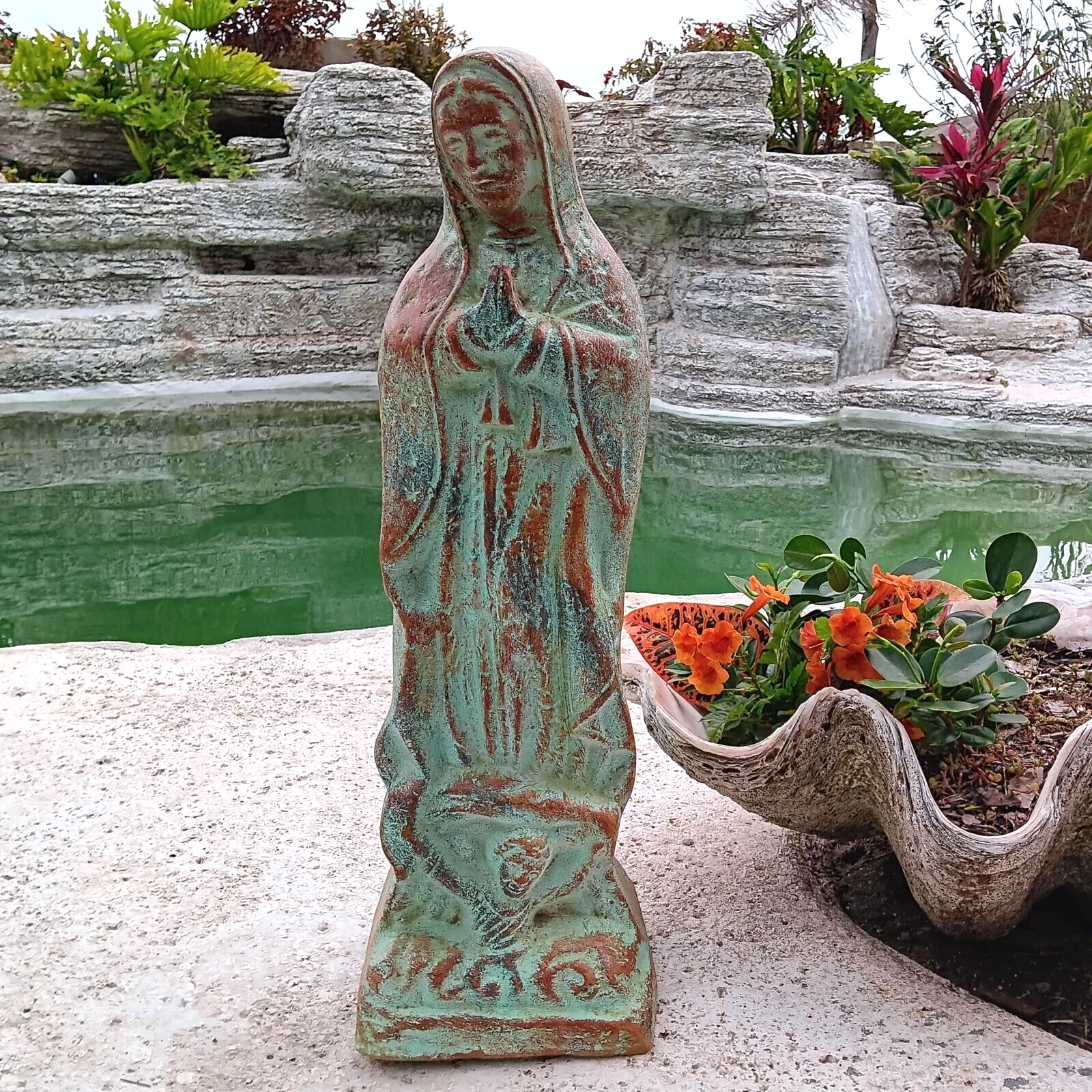 Virgin of Guadalupe Mexican Clay Pottery Sculpture Terracotta Garden Statue Lg
