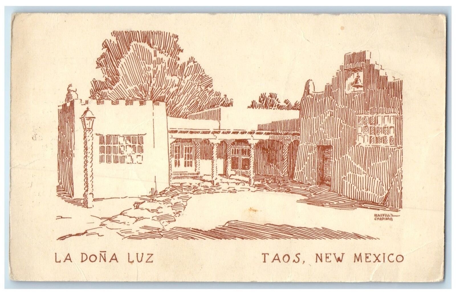 c1940's La Dona Luz Restaurant Exterior Sketch Taos New Mexico Unposted Postcard