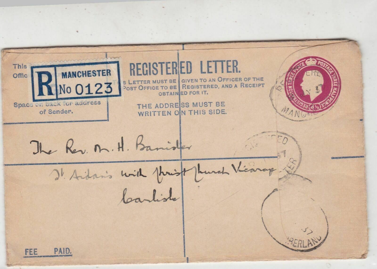 G.B. Registered Stamp Letter 1937 Regd Manchester Label to Carlisle Ref 35669