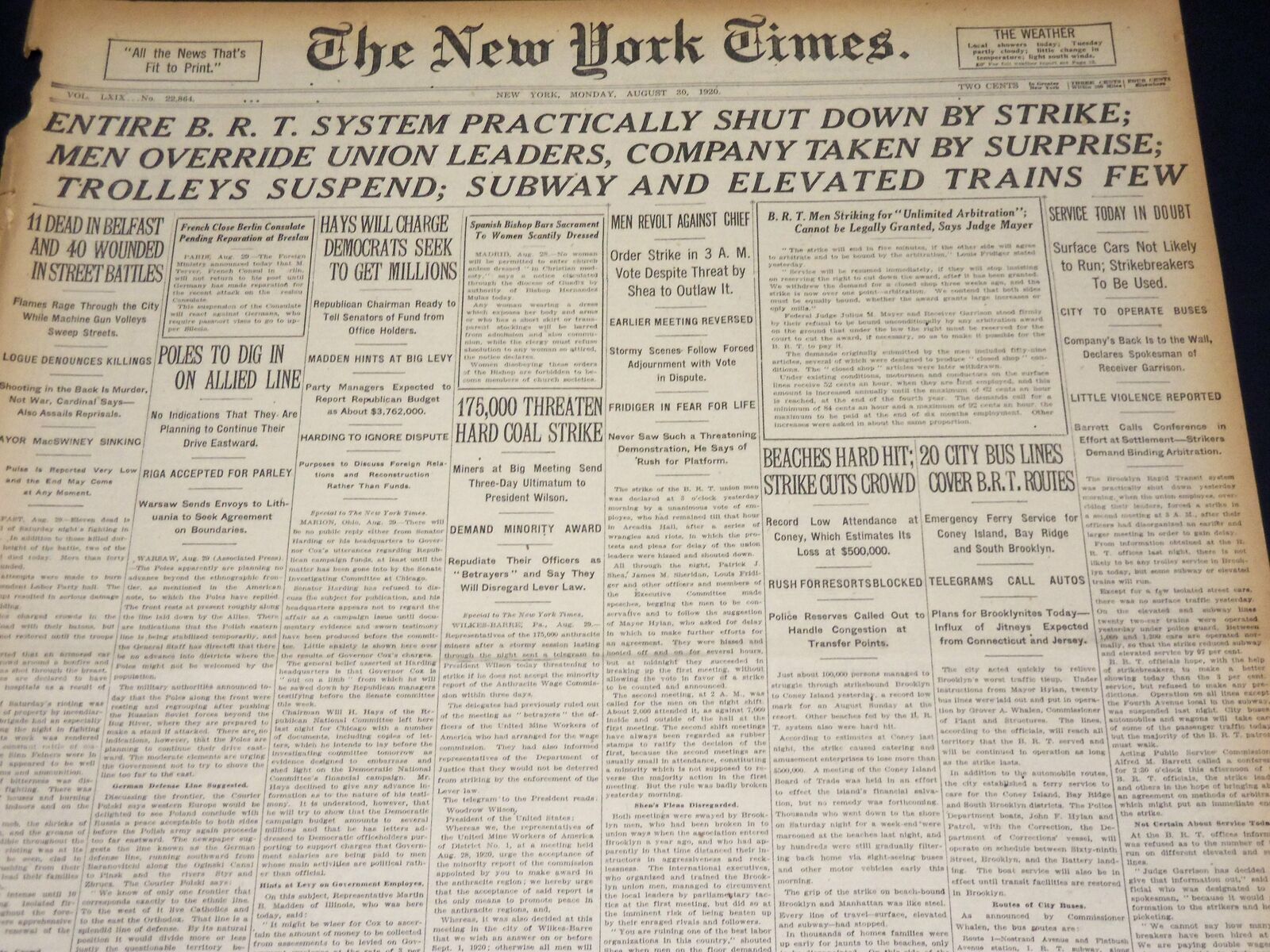 1920 AUGUST 30 NEW YORK TIMES - B. R. T. SYSTEM NEARLY SHUT DOWN - NT 8563