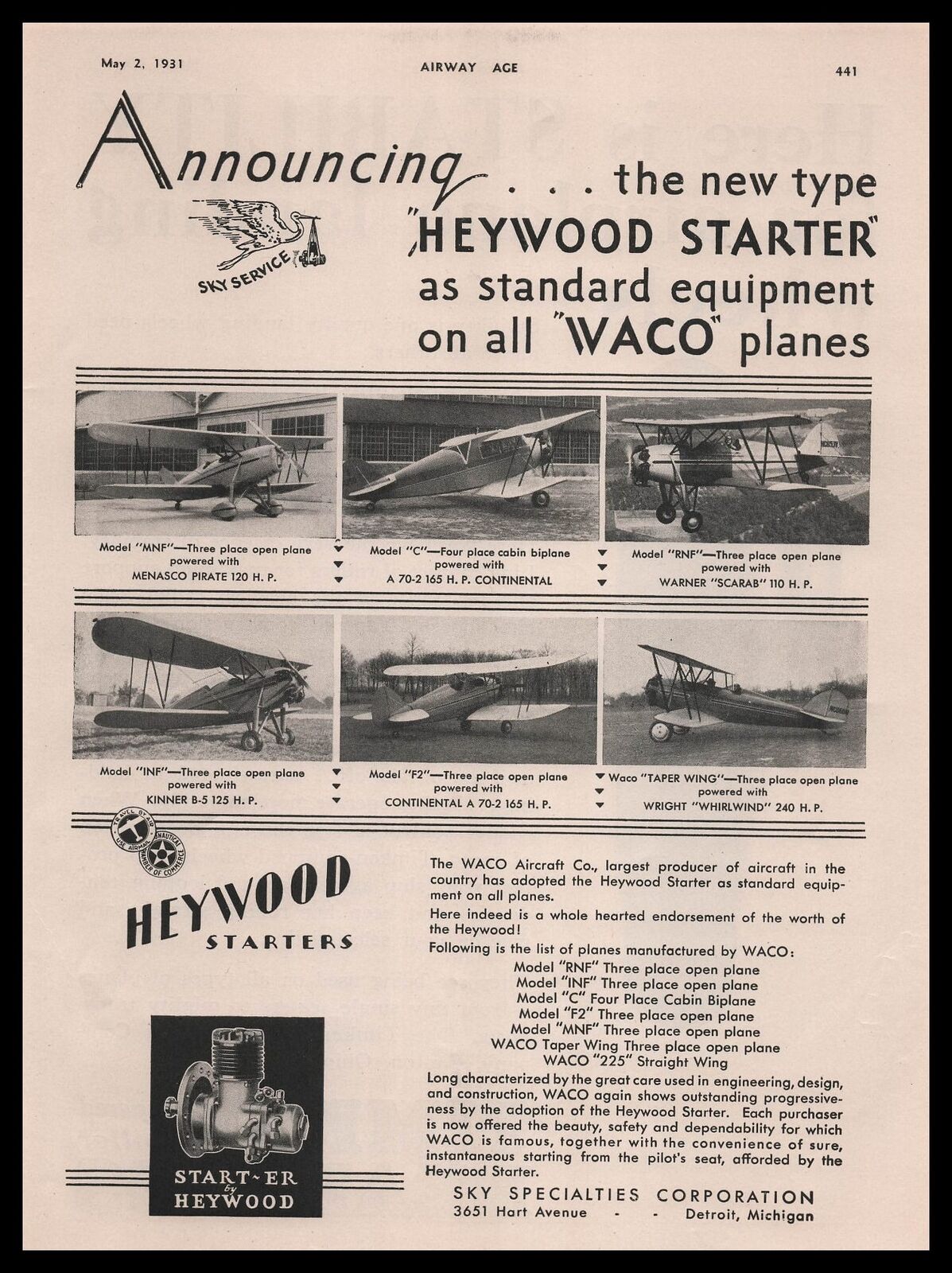 1931 Waco Aircraft Photos Heywood Starters Sky Specialties Detroit MI Print Ad