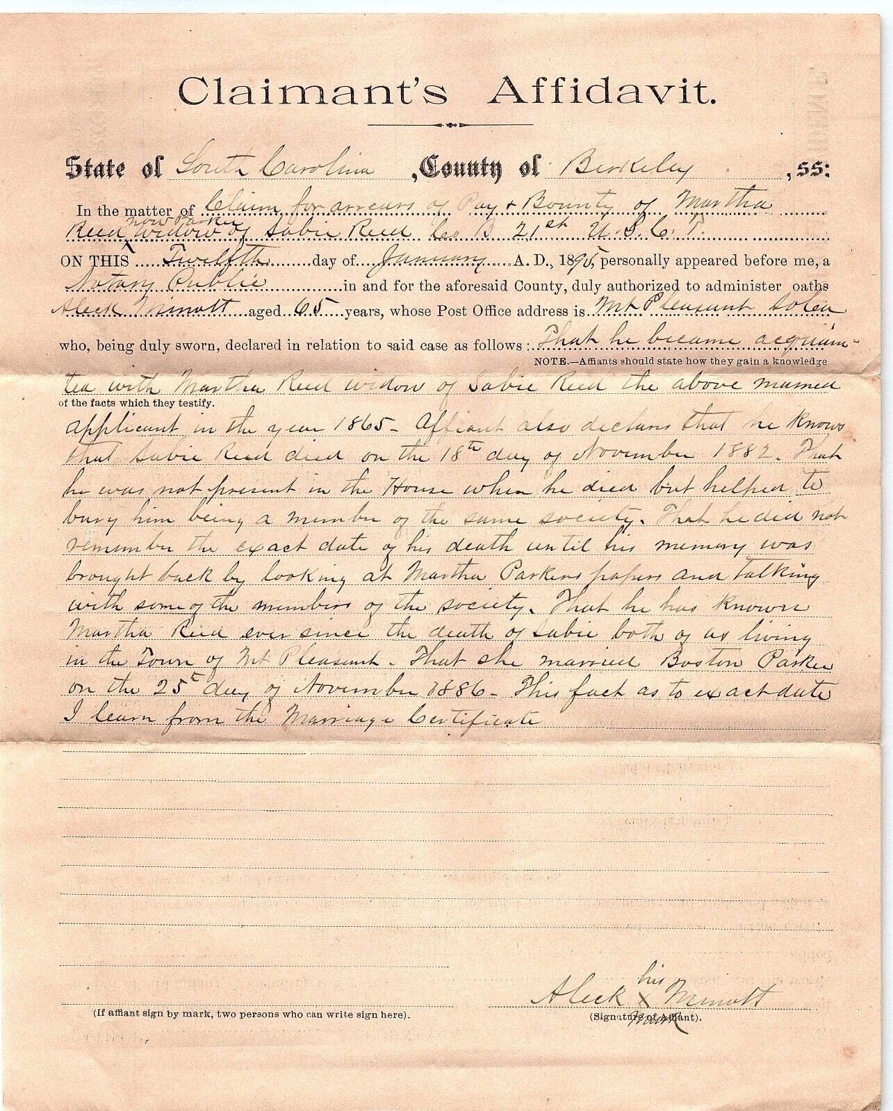 1895 MT PLEASANT SC AFFIDAVIT FOR ARREARS OF PAY & BOUNTY SABIE REED   Z3804