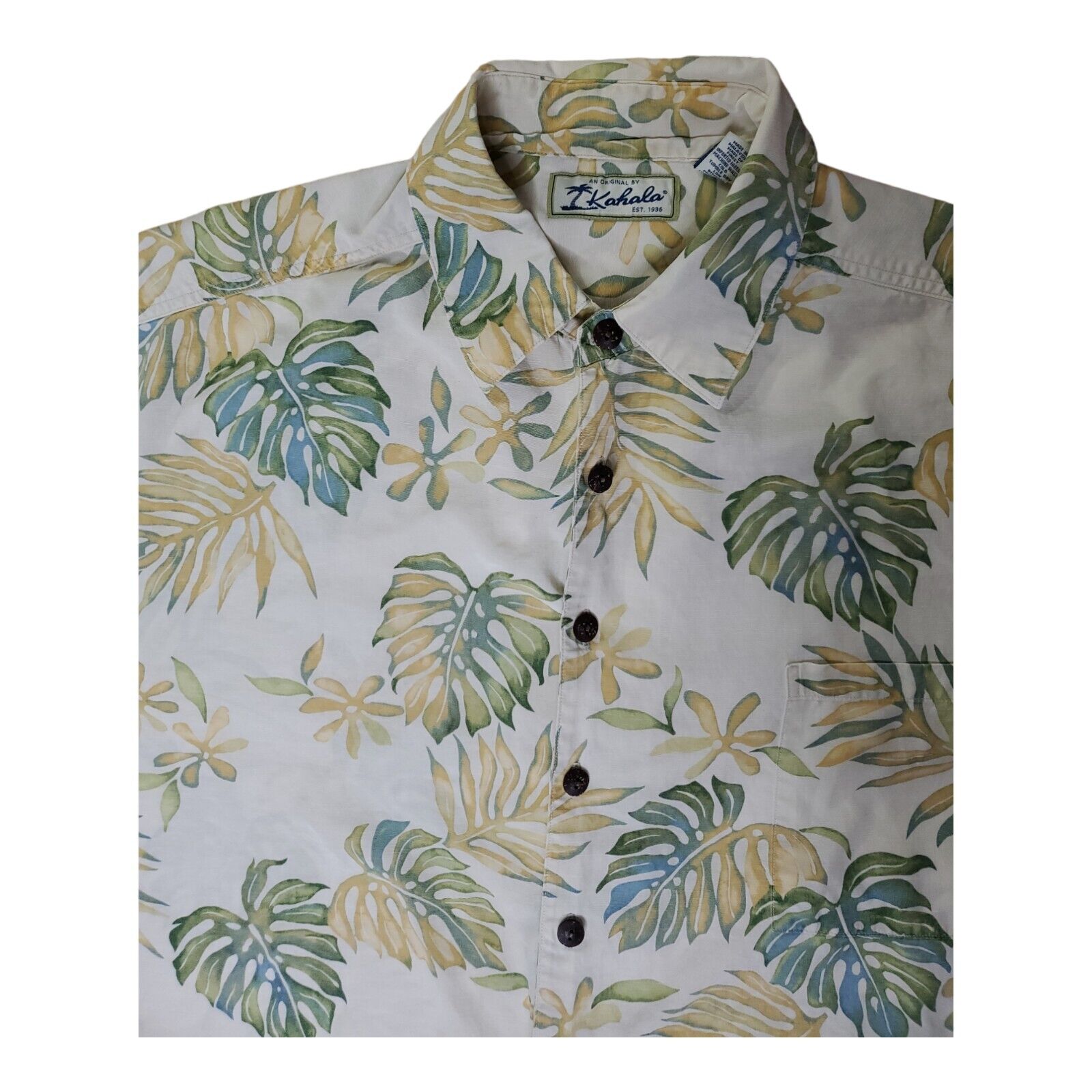 Kahala Hawaiian Mens Shirt XL Short Sleeve  Button Up Surfer Board Sage  Palms