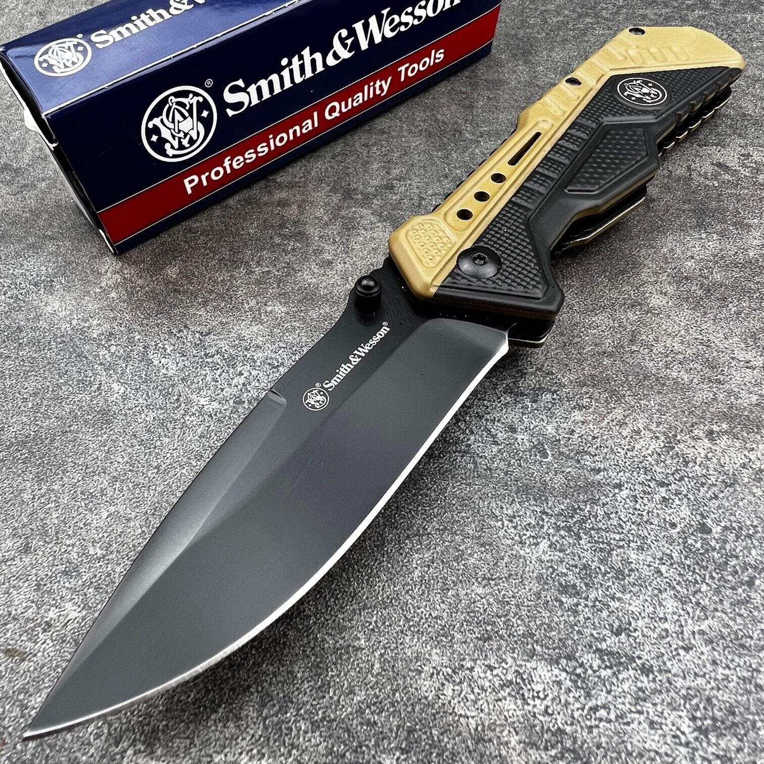 Smith & Wesson Black and Tan Assisted Open Rubberized EDC Folding Pocket Knife