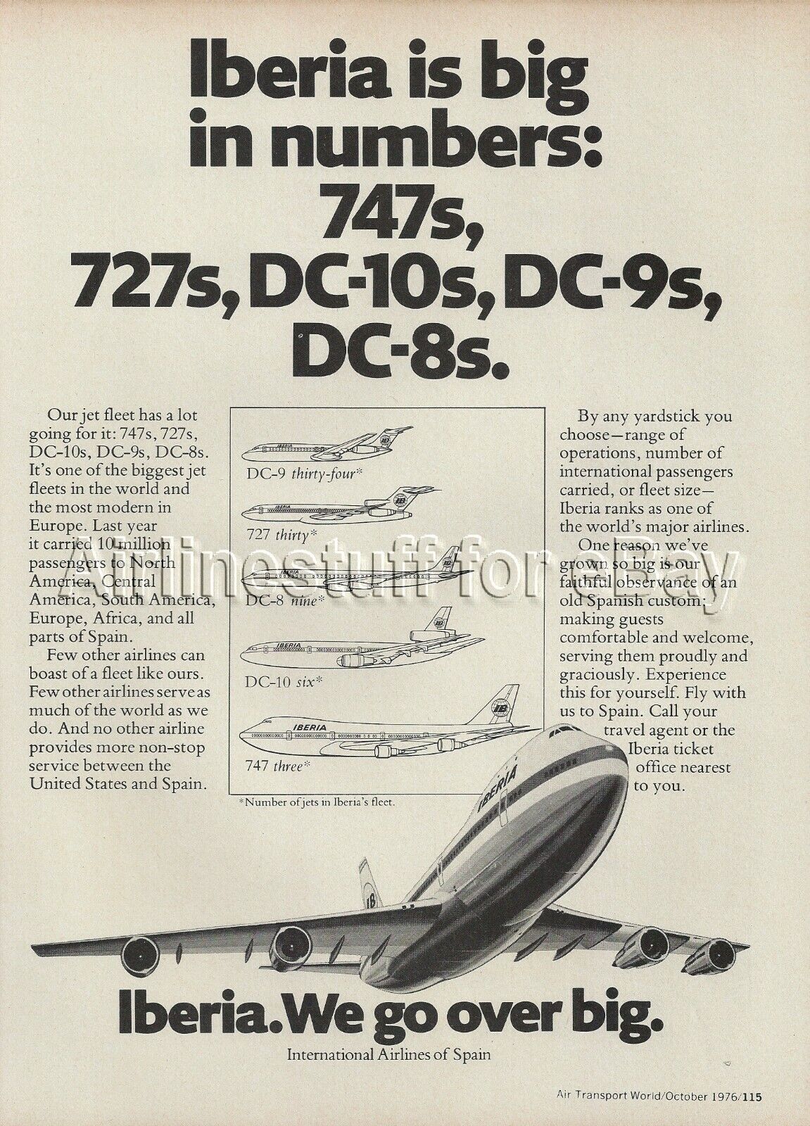 1976 IBERIA International Airlines Spain Boeing 747 PRINT AD advert DC10 airways