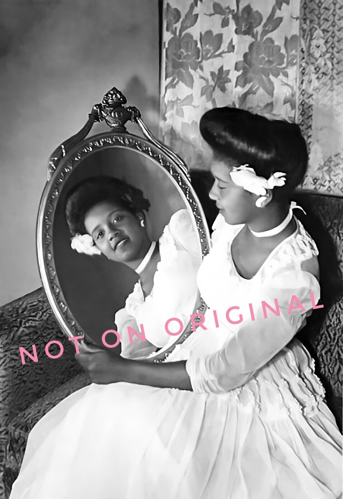 Vintage 1910\'s Photo Reprint of Edwardian African American Woman Looks in Mirror