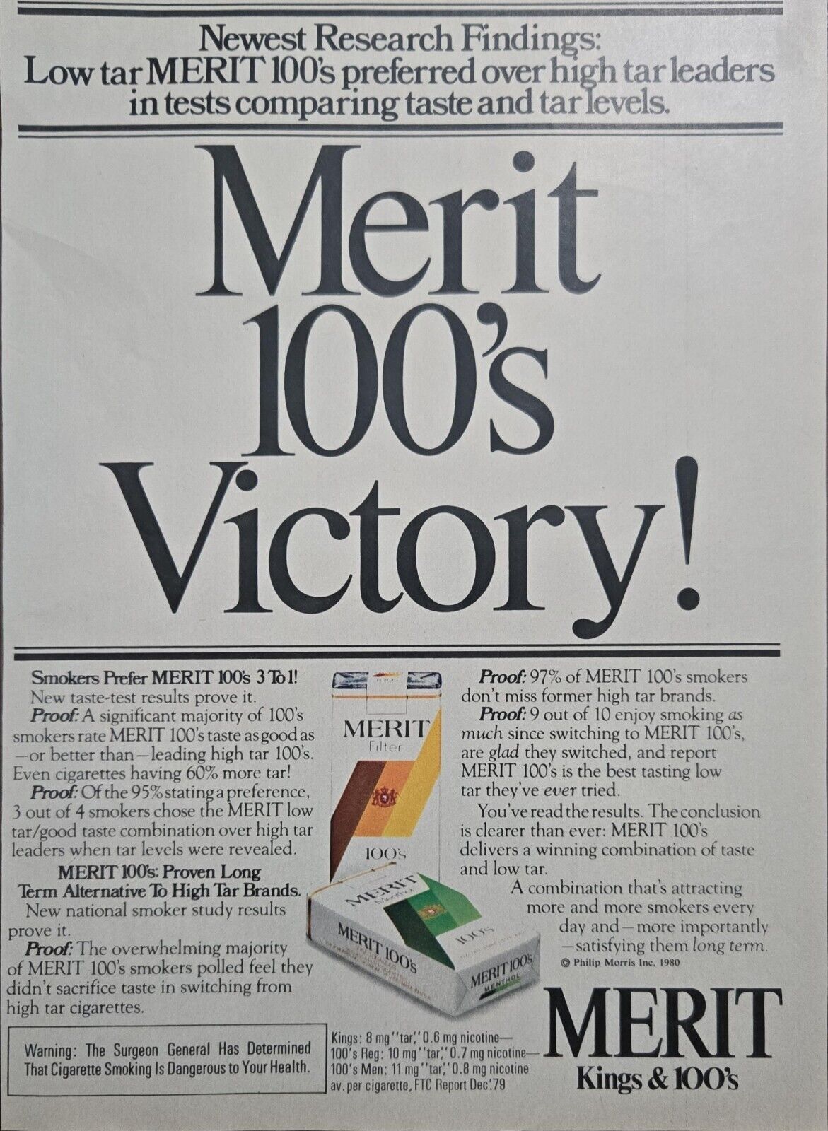 1980 Merit Cigarettes Ad - 100\'s Victory