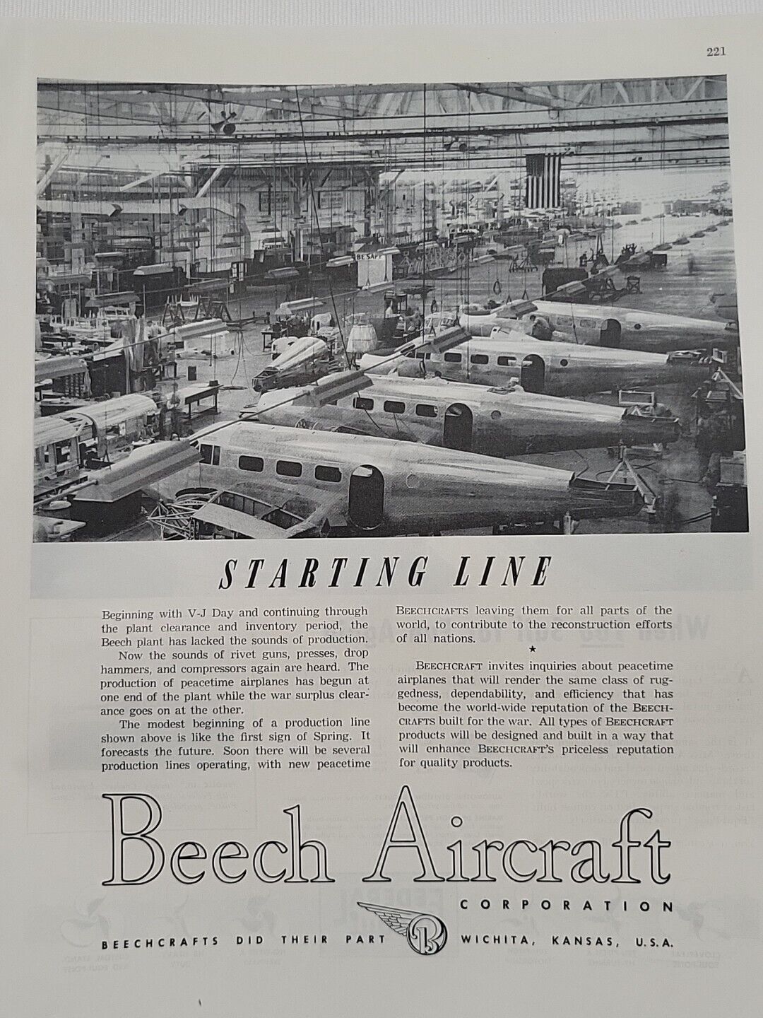 1945 Beech Aircraft Fortune WW2 Print Ad Airplanes Starting Line Victory Wichita