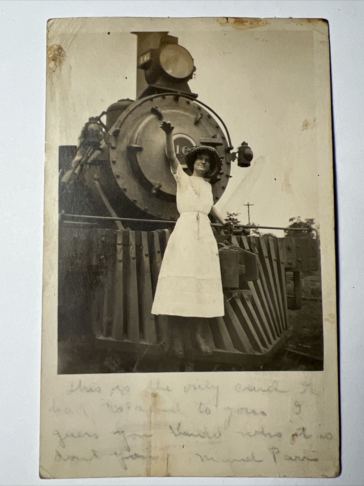 HTF 1912 CLEBURNE TEXAS Woman Standing on TRAIN ENGINE RPPC Photo RAILROAD
