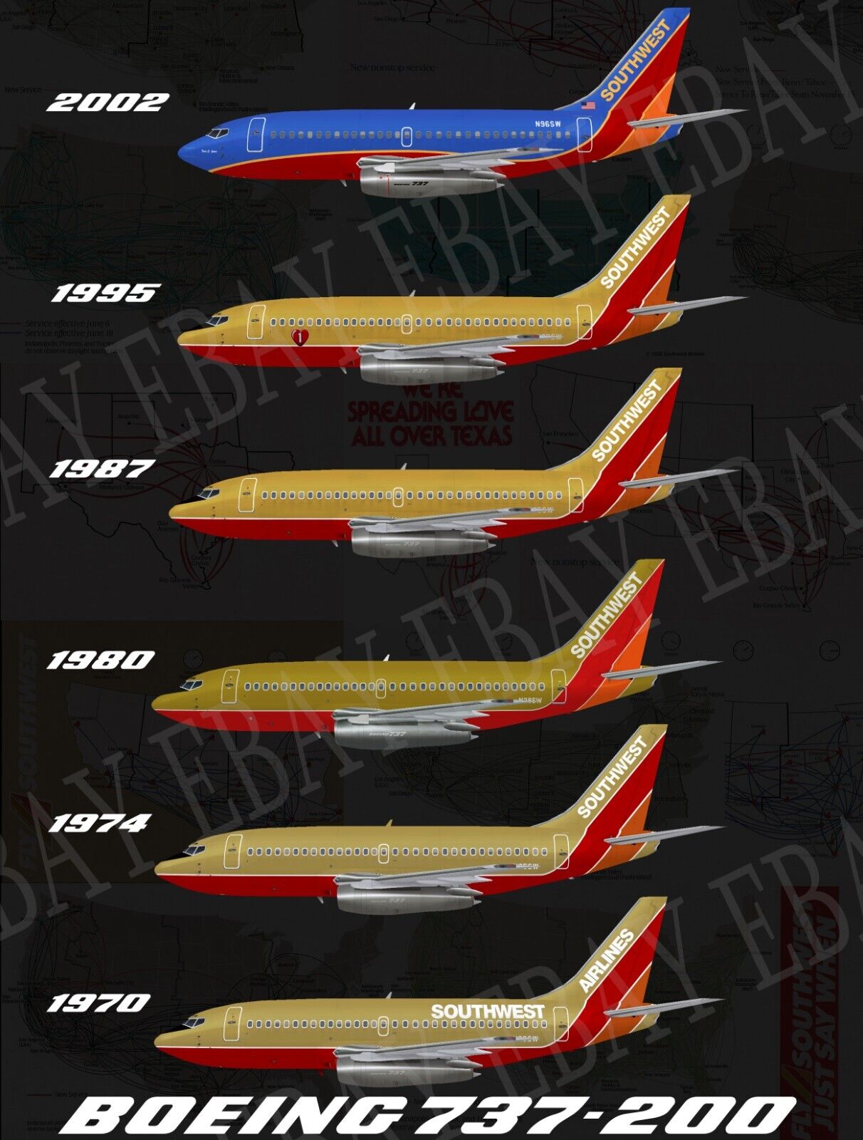 Southwest Airlines 737-200 Livery History Retro 8 X 10