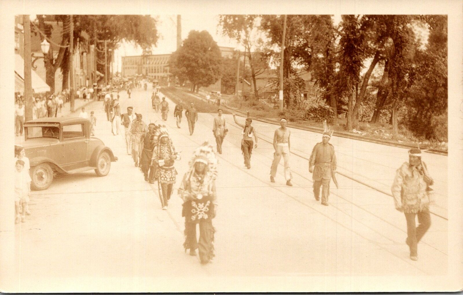 VINTAGE POSTCARD FIRST NATION INDIAN PROCESSION ANTIQUE CAR REAL PHOTO 1907-1920
