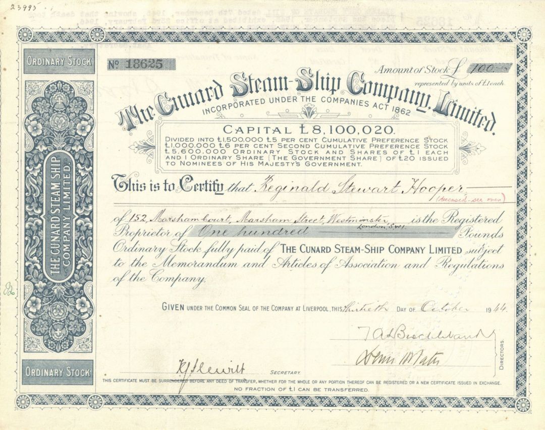 Cunard Steam-Ship Co. Limited - Shipping Stock Certificate - Shipping Stocks