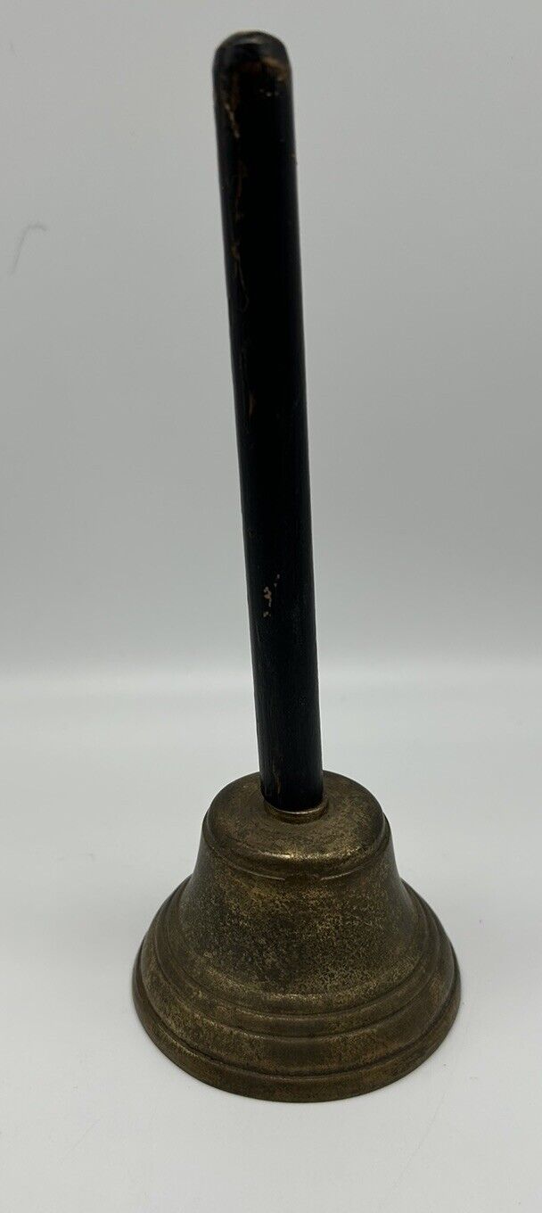 Antique Teachers Desk Bell Long Black Handle 7-1/2” Tall Brass 3” Opening