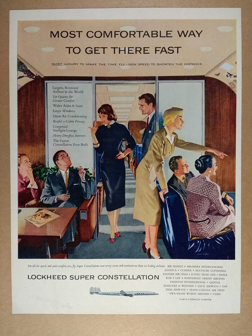 1956 Lockheed Super Constellation interior cabin lounge art vintage print Ad