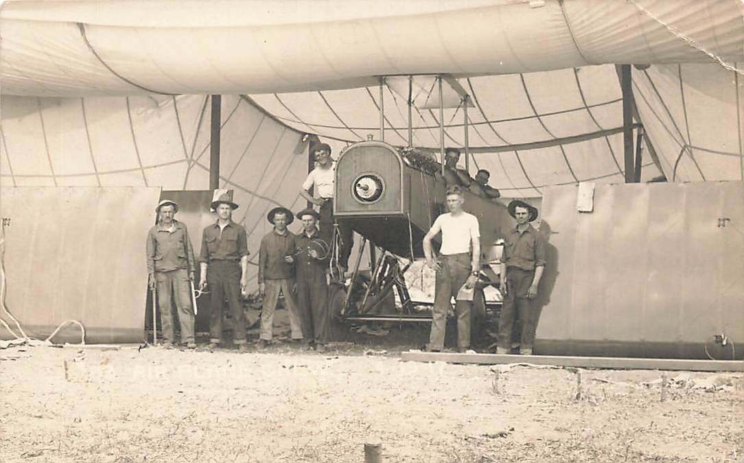 c1915 RPPC Airplane Men Maintenance Tent Hangar Wings Off Curtiss Jenny?  P467