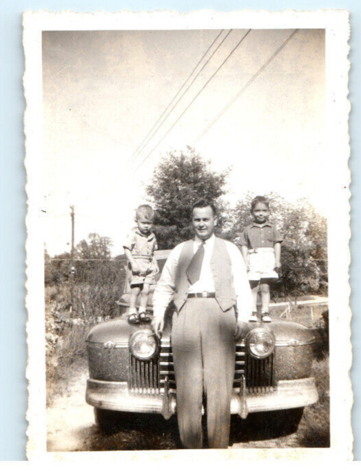 Vintage Photo 1940s, Man next to Antique Car, 2 toddlers on hood, 3.5 x 2.5