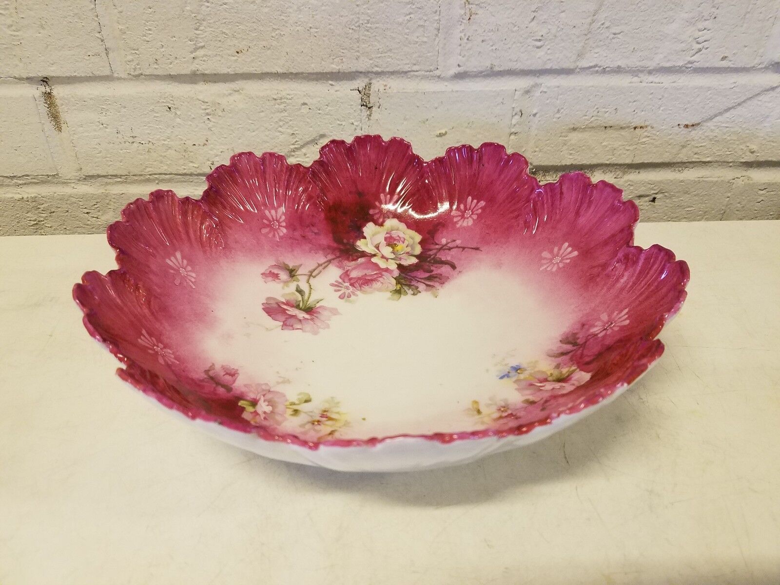 Vintage Pink Floral Decorative Hand Painted Porcelain Bowl with Scalloped Edge