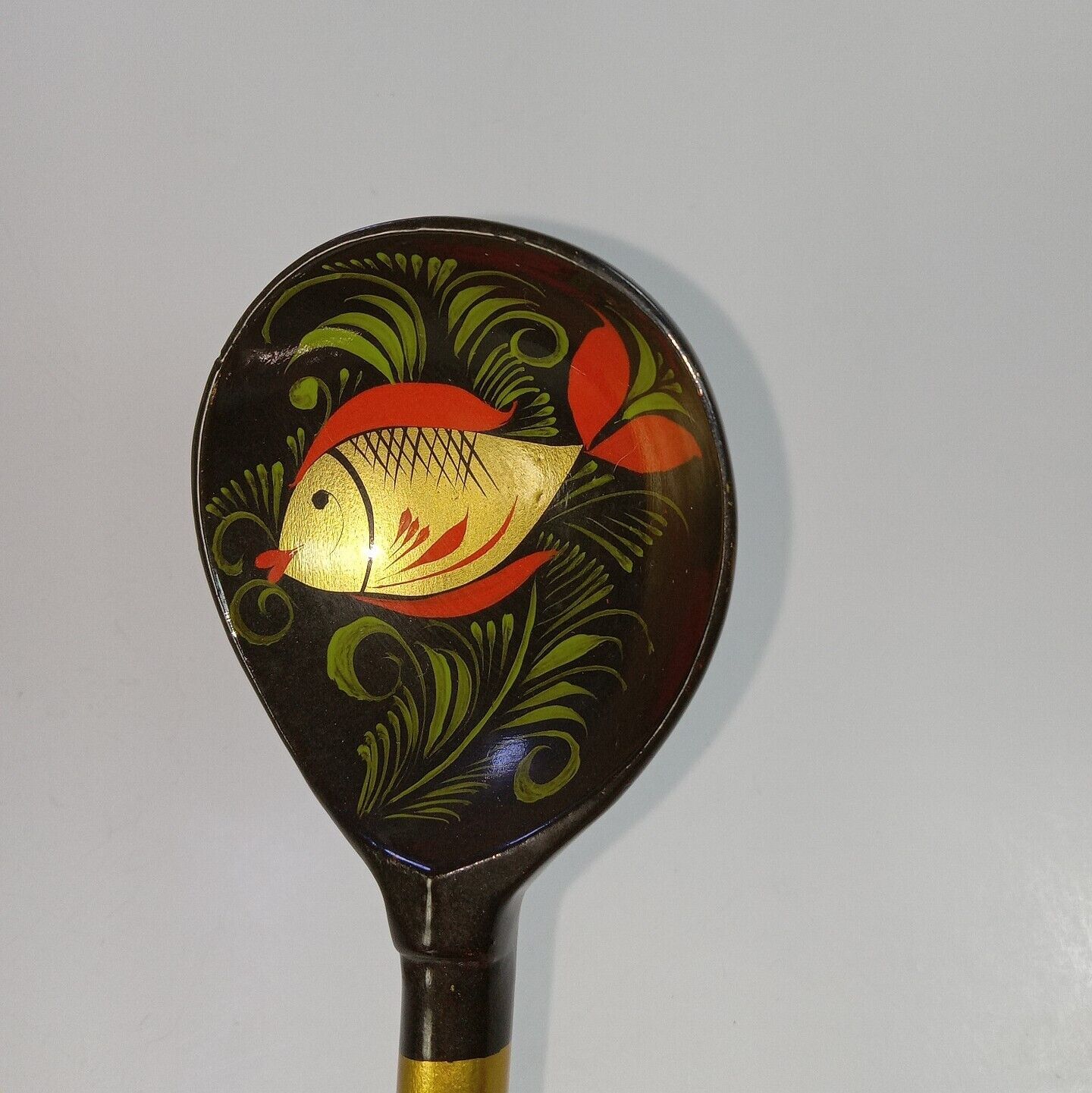 Vintage Russian Khokhloma Hand Painted Wooden Serving Spoon Golden Fish USSR