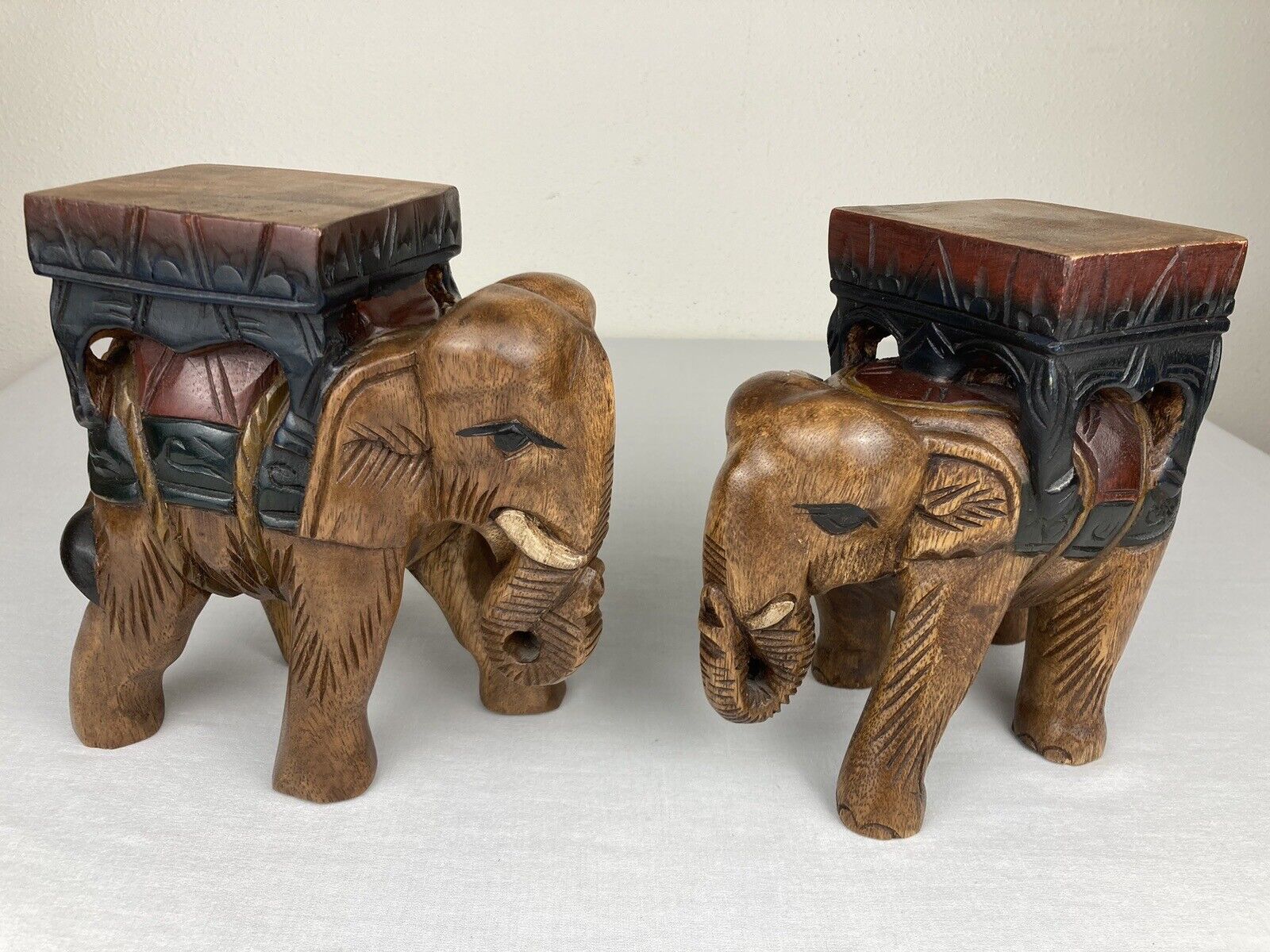 VTG PAIR TEAK ELEPHANT PLANTERS STATUES HAND CARVED SOLID WOOD ANIMALS FIGURES