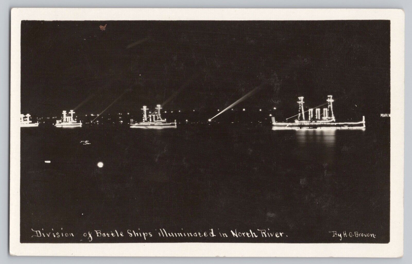 Division of Battle Ships Illuminated in North River Battleship RPPC Night NYC