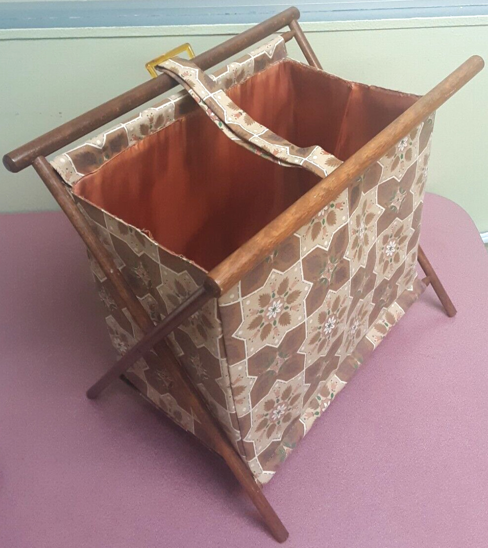 VINTAGE Knitting / Sewing / Embroidery Folding Caddy Basket 70's Satin Interior