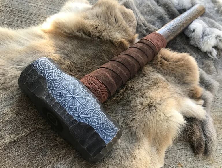 Handmade Large Viking Vegvisir Berserker Hammer Burned and Carved