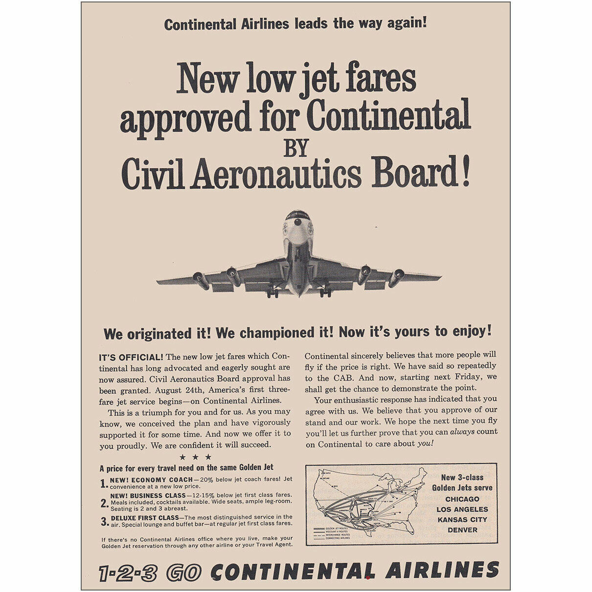 1962 Continental Airlines: Civil Aeronautics Board Vintage Print Ad