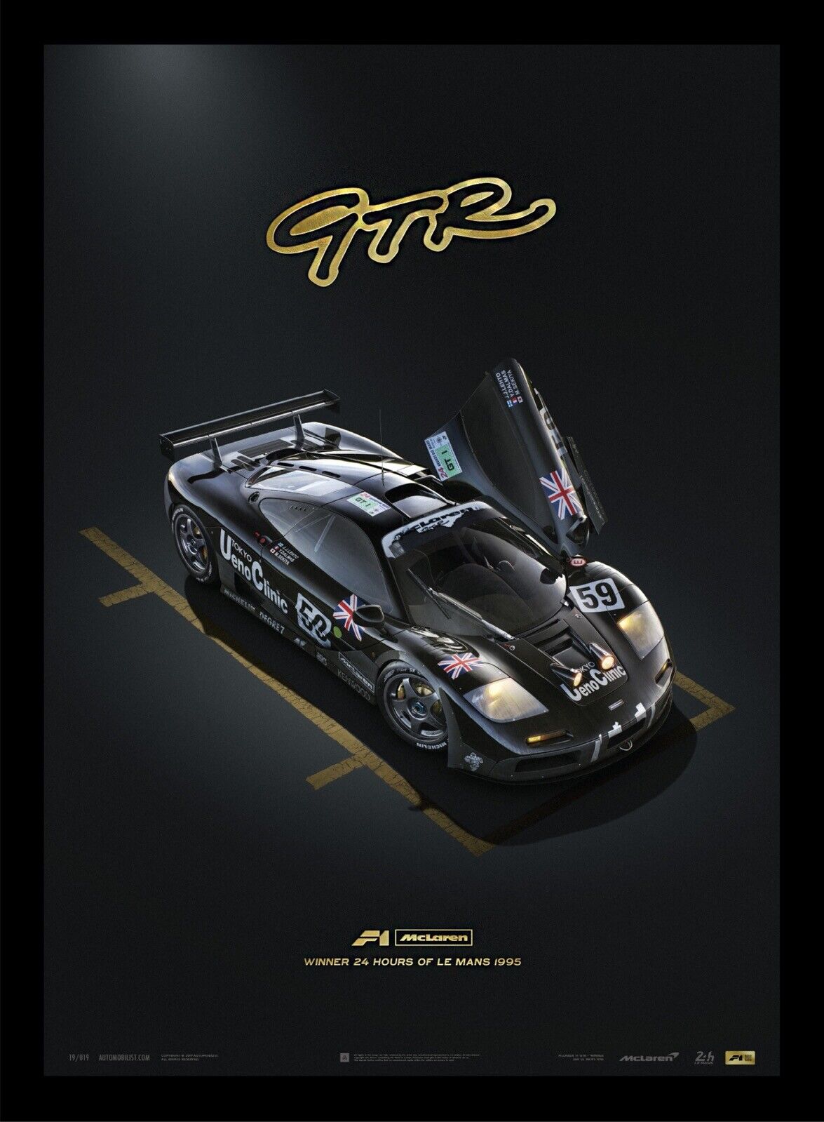 McLaren F1 GTR 24 Hours 1995 Le Mans Gold Embossed Art Print Poster Ltd Ed 500