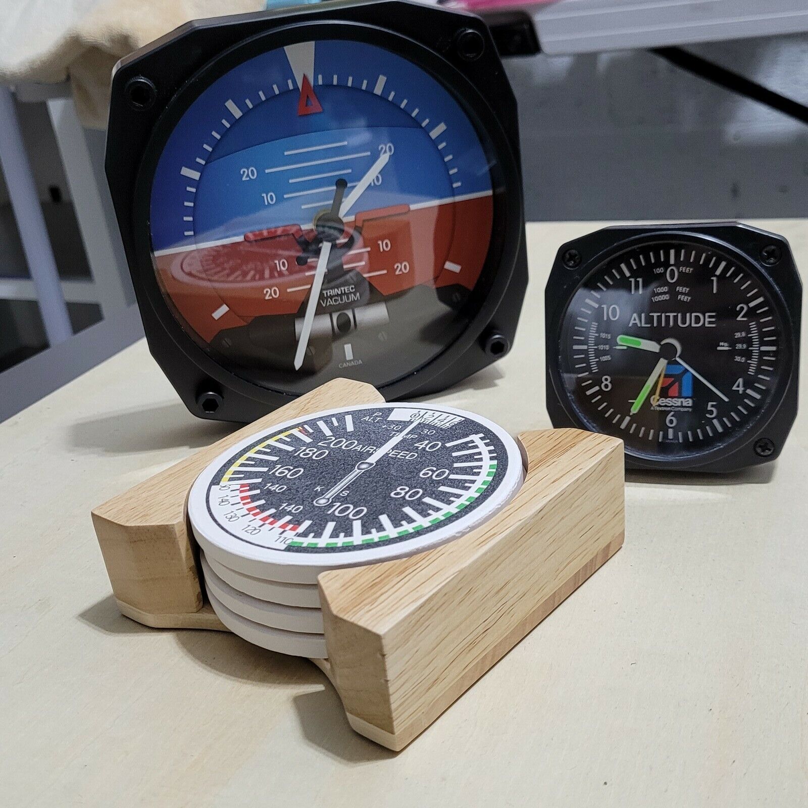 Aviation Style Clocks (2) & Matching(5) Coasters Collectors Edition. 