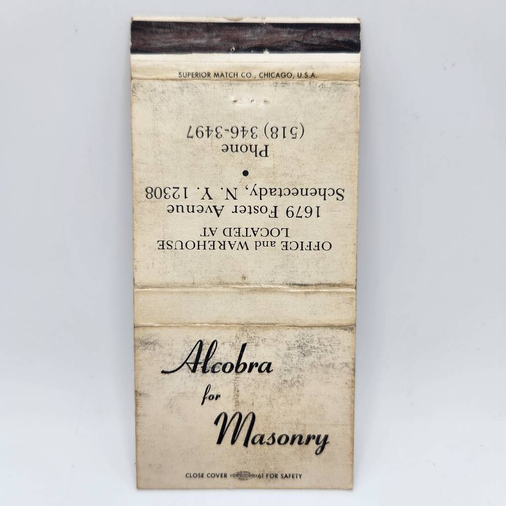 Vintage Matchcover Alcobra for Masonry 1679 Foster Avenue Schenectady New York