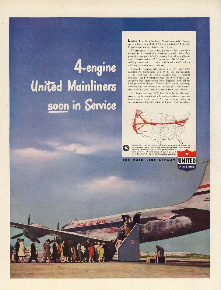4-engine United Douglas DC-6 Mainliners soon in Service ad 1946 H